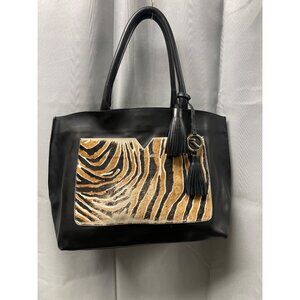 Varriale Women's Black Leather Tote Bag with Leopard Print Large  2136